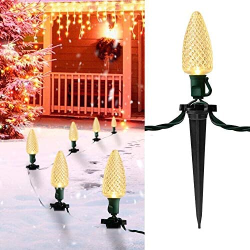 13FT C9 Christmas Lights with 25 LED Bulbs for Christmas Decoration- UL listed Warm White Christmas Stake Lights, for Outdoor Patio Christmas Tree Hanging Lights, Green Wire(Stakes Sold Seperately)