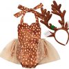 Baby Girl Christmas Outfit Reindeer Halter Romper Dress+Antler Headband Ruffles Tutu Bodysuit Halloween Cosplay Costume