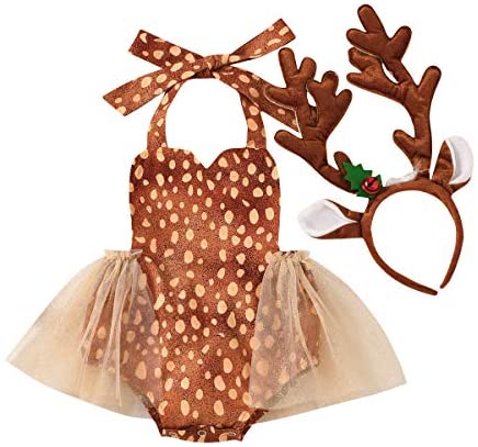Baby Girl Christmas Outfit Reindeer Halter Romper Dress+Antler Headband Ruffles Tutu Bodysuit Halloween Cosplay Costume