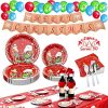 Christmas Party Supplies Christmas Paper Plates and Napkins Xmas Decorations 218 Pcs Disposable Dinnerware Set, Plates Napkins Knives Forks Spoons Tablecloth Banner Balloons Santa Hat Scarf-Serves 30