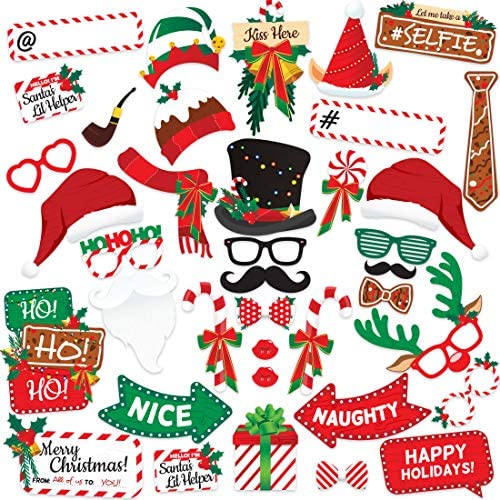 Christmas Photo Booth Props 38pc - Artist Rendered Christmas Games for Party Supplies - Picture Backdrop Decorations Set Favors - Games For Kids & Adults - Holiday Photo Booth Selfie Props Photography
