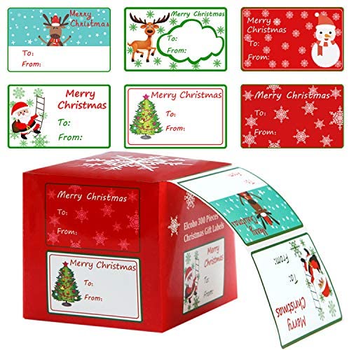 Elcoho 300 Pieces Christmas Self Adhesive Gift Tag Self Stick Stickers Gift Name Tag Christmas Stickers with 6 Different Designs (Color A)