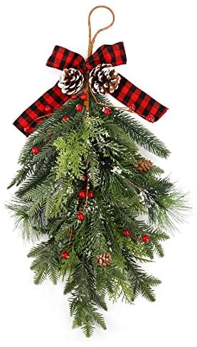 FUNARTY 18 Inch Christmas Swag Christmas Teardrop Door Swag with Red Berry Decor for Holiday Christmas Wall Hanging