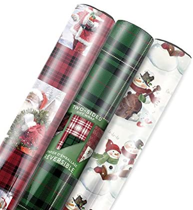 Hallmark Reversible Christmas Wrapping Paper Bundle, Plaid (Pack of 3, 120 sq. ft. ttl.)