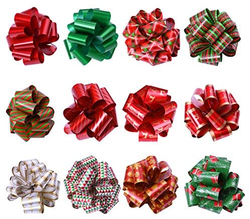 KOMIWOO Pack of 24 Christmas Ribbon Pull Bows 5-inch Wide, Assorted Xmas Gift Wrapping Ribbon Accessories for Christmas, Bows, Wine Bottles, Baskets, Great Present Decorations