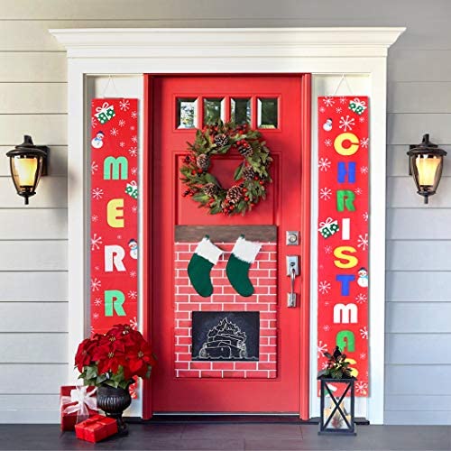 Merry Christmas Porch Sign Banners Front Door Hanging Decoration Set Banners for Home Wall Door Apartment Party Holiday Decoration