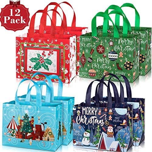 Whaline 12 Pack Large Christmas Tote Bags with Handles, Reusable Gift Bag Grocery Shopping Totes for Holiday Xmas 12.8" x 9.8"
