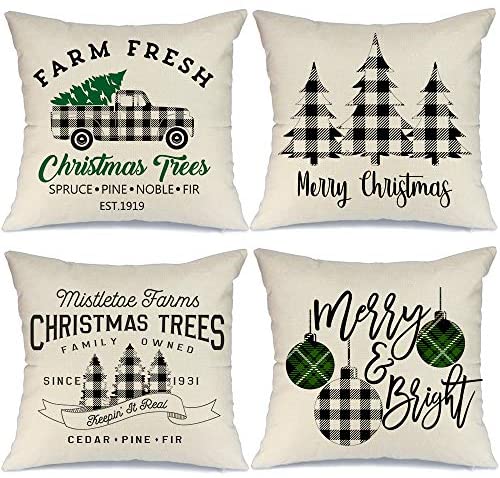 AENEY Buffalo Plaid Christmas Pillow Covers 18x18 Set of 4 Marry Bright Tree Christmas Pillows Rustic Winter Holiday Throw Pillows Farmhouse Christmas Decor Truck Xmas Decorations for Couch A281