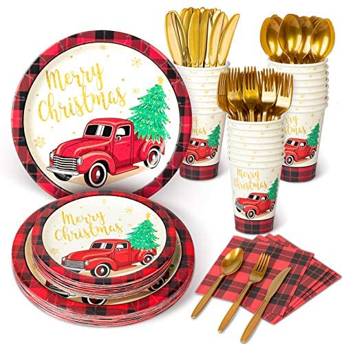Decorlife Christmas Party Plates with Buffalo Check, Christmas Party Supplies Set, Total 192PCS, 10.25" and 8" Holiday Plates and Napkins, 12oz Party Cups, Cutlery Included – Serves 24