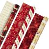 Hallmark Christmas Reversible Wrapping Paper, Classic Santa (Pack of 3, 120 sq. ft. ttl) Red and Gold Snowflakes, Stripes, Plaid, Santa's Sleigh