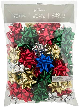 Hallmark Holiday 3" Bow Assortment (75 Bows; Traditional Holiday Colors) for Christmas Gifts