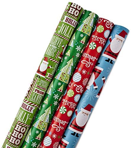 Hallmark Reversible Christmas Wrapping Paper Bundle, Santa and Trees (Pack of 4, 150 sq. ft. ttl.)