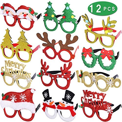 Max Fun 12 Pieces Holiday Glasses Christmas Glitter Party Glasses Frames with 12 Designs for Christmas Parties, Holiday Favors, Photo Booth (One Size Fits All)