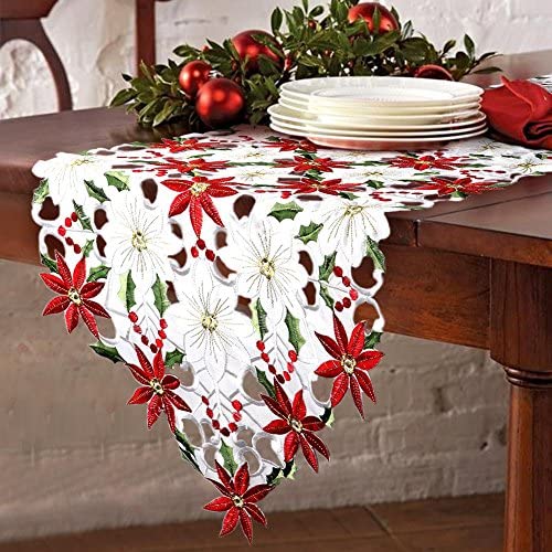 OurWarm Christmas Embroidered Table Runners Poinsettia Holly Leaf Table Linens for Christmas Decorations 15 x 69 Inch