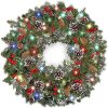 TURNMEON 30 Inch Christmas Wreath with Lights Christmas Decoration Battery Operated Pre-lit Spruce Wreath Garland with 80 Colorful LED Light Red Berries Pine Cones and Snowflakes Silver Bristles